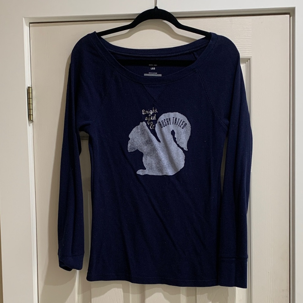 Old Navy Women’s Navy Blue Waffle Knit Shirt – “bright eyed and bushy tailed”.